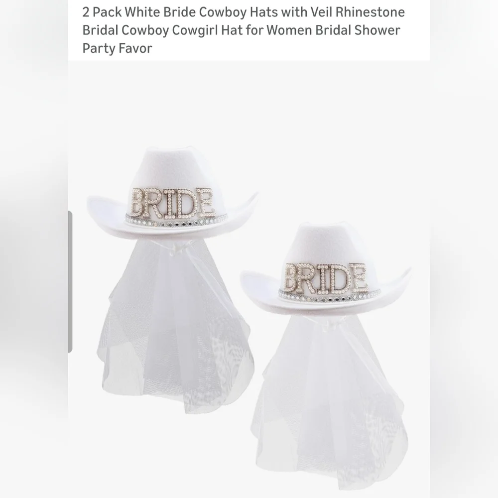 NEW 2 Pack White Bride Cowgirl Hat w/ Veil - Picture 2 of 13